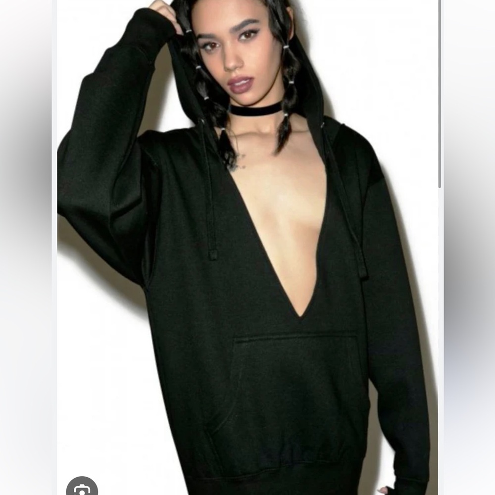 Elegant Deep V-Neck Black Hoodie for Women